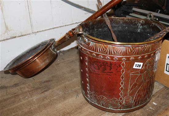 Copper cylindrical log bin, a copper warming pan and a pair of brass handled fire tongs